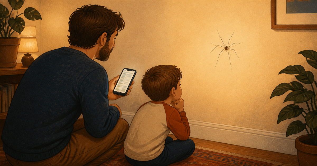 A father and son checking a phone while watching a daddy-long-legs crawl up a wall.
