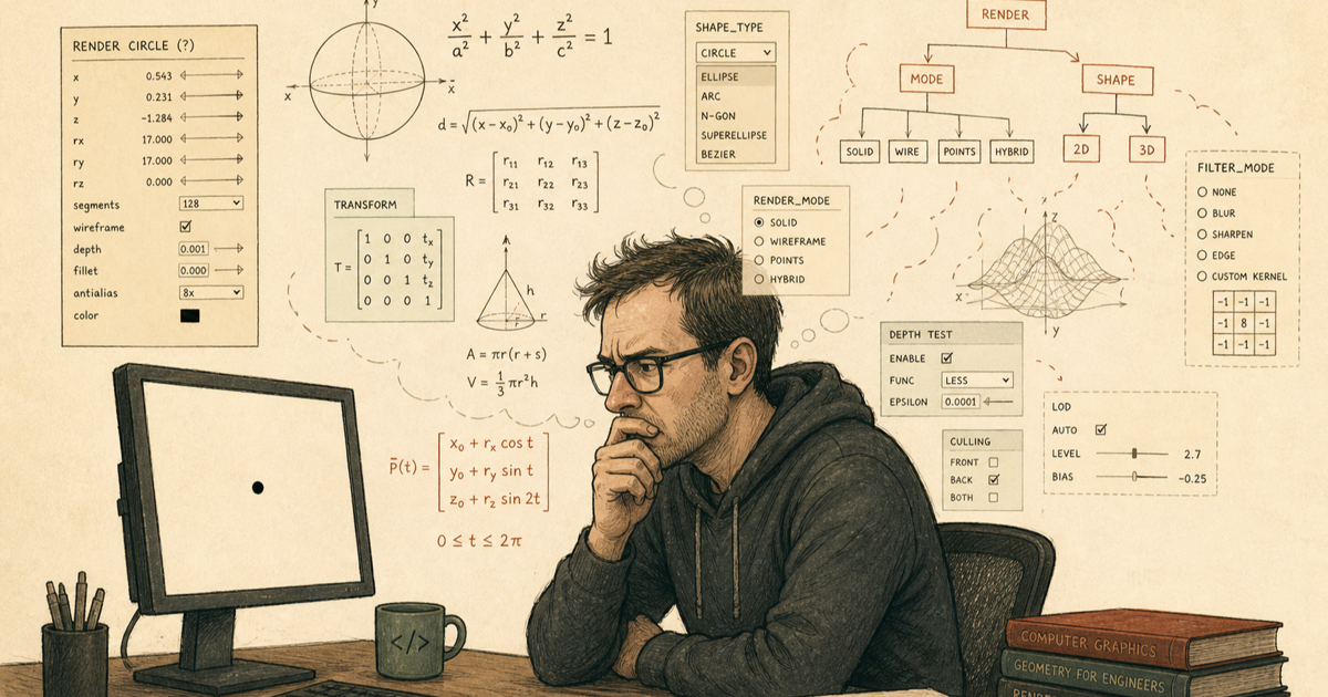 A programmer surrounded by formulas and controls while looking at a tiny circle on a monitor.