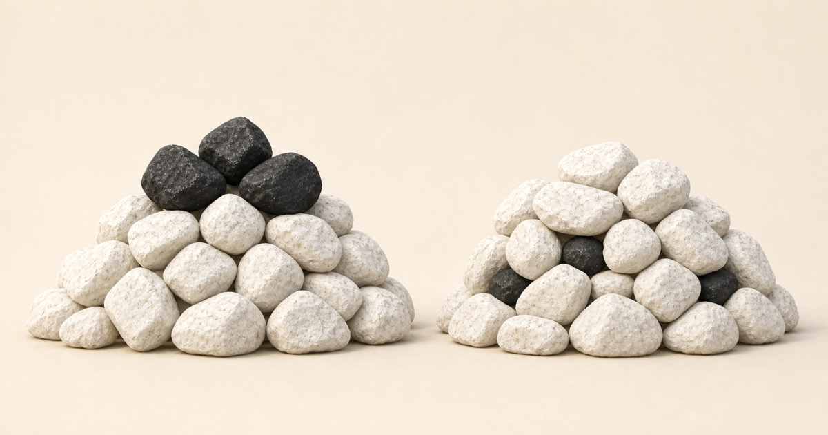 Two piles of white rocks, one with three dark rocks on top and one with three dark rocks buried inside.
