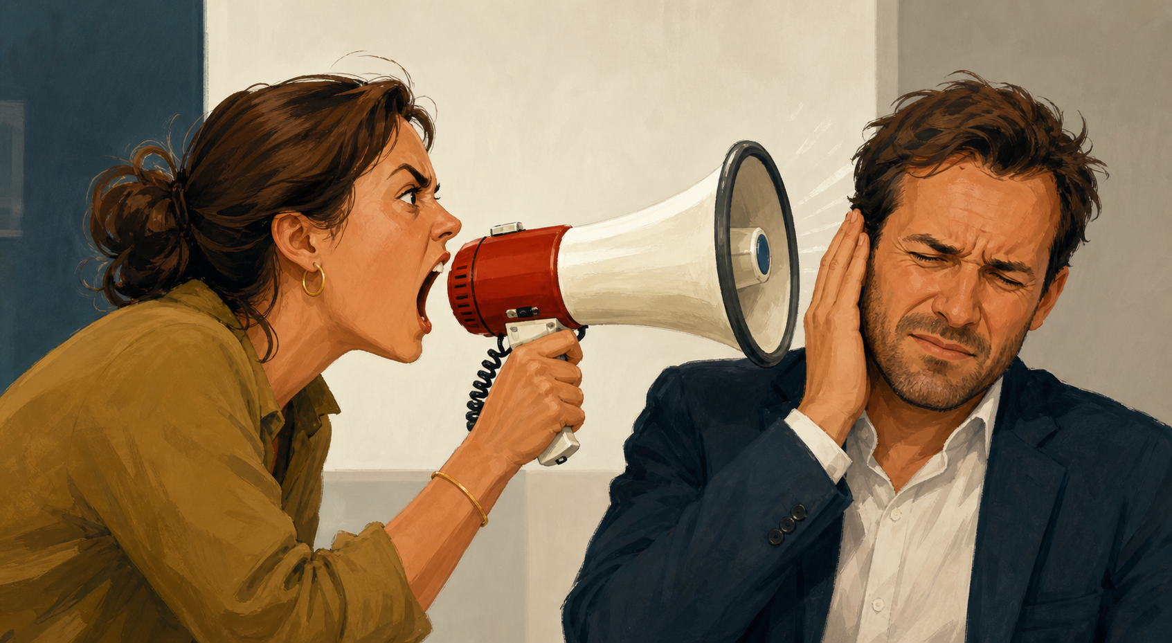 A person shouting through a megaphone pointed at another person's ear.